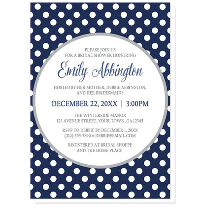 Gray Navy Blue Polka Dot Bridal Shower Invitations at Artistically Invited. Gray navy blue polka dot bridal shower invitations with your personalized celebration details custom printed in navy blue and gray inside a white circle outlined in light gray, over a navy blue polka dot pattern with white polka dots over blue. 