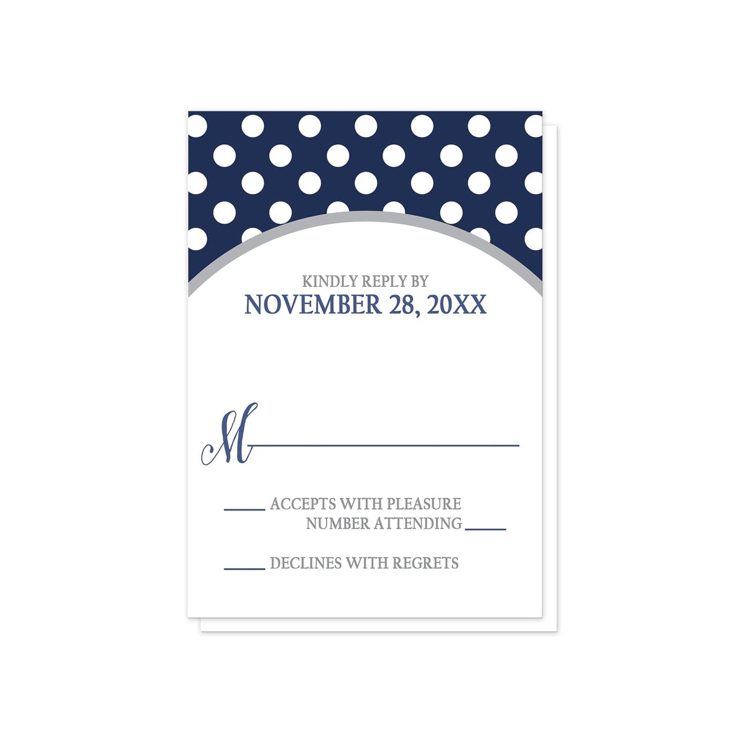 Gray Navy Blue Polka Dot RSVP Cards at Artistically Invited.