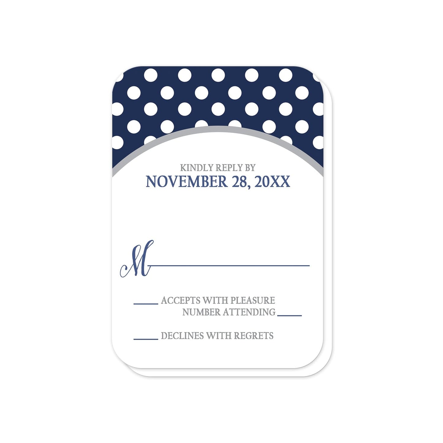 Gray Navy Blue Polka Dot RSVP Cards (with rounded corners) at Artistically Invited.