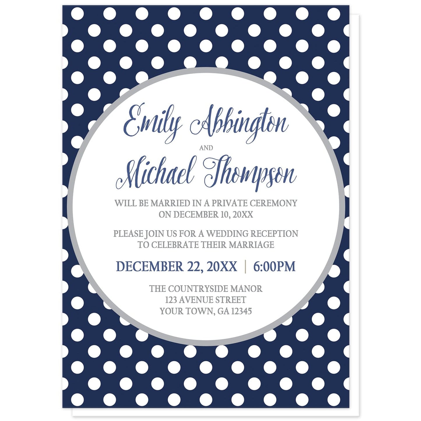 Gray Navy Blue Polka Dot Reception Only Invitations at Artistically Invited. Gray navy blue polka dot reception only invitations with your personalized post-wedding reception celebration details custom printed in navy blue and gray inside a white circle outlined in light gray, over a navy blue polka dot pattern with white polka dots over blue.