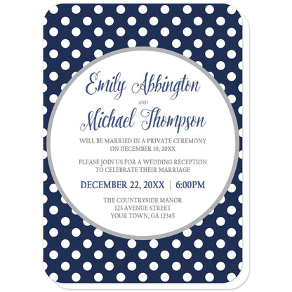 Gray Navy Blue Polka Dot Reception Only Invitations (with rounded corners) at Artistically Invited. Gray navy blue polka dot reception only invitations with your personalized post-wedding reception celebration details custom printed in navy blue and gray inside a white circle outlined in light gray, over a navy blue polka dot pattern with white polka dots over blue.