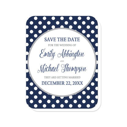Gray Navy Blue Polka Dot Save the Date Cards (with rounded corners) at Artistically Invited. Gray navy blue polka dot save the date cards with your personalized wedding date announcement details custom printed in navy blue and gray inside a white circle outlined in light gray, over a navy blue polka dot pattern with white polka dots over blue.
