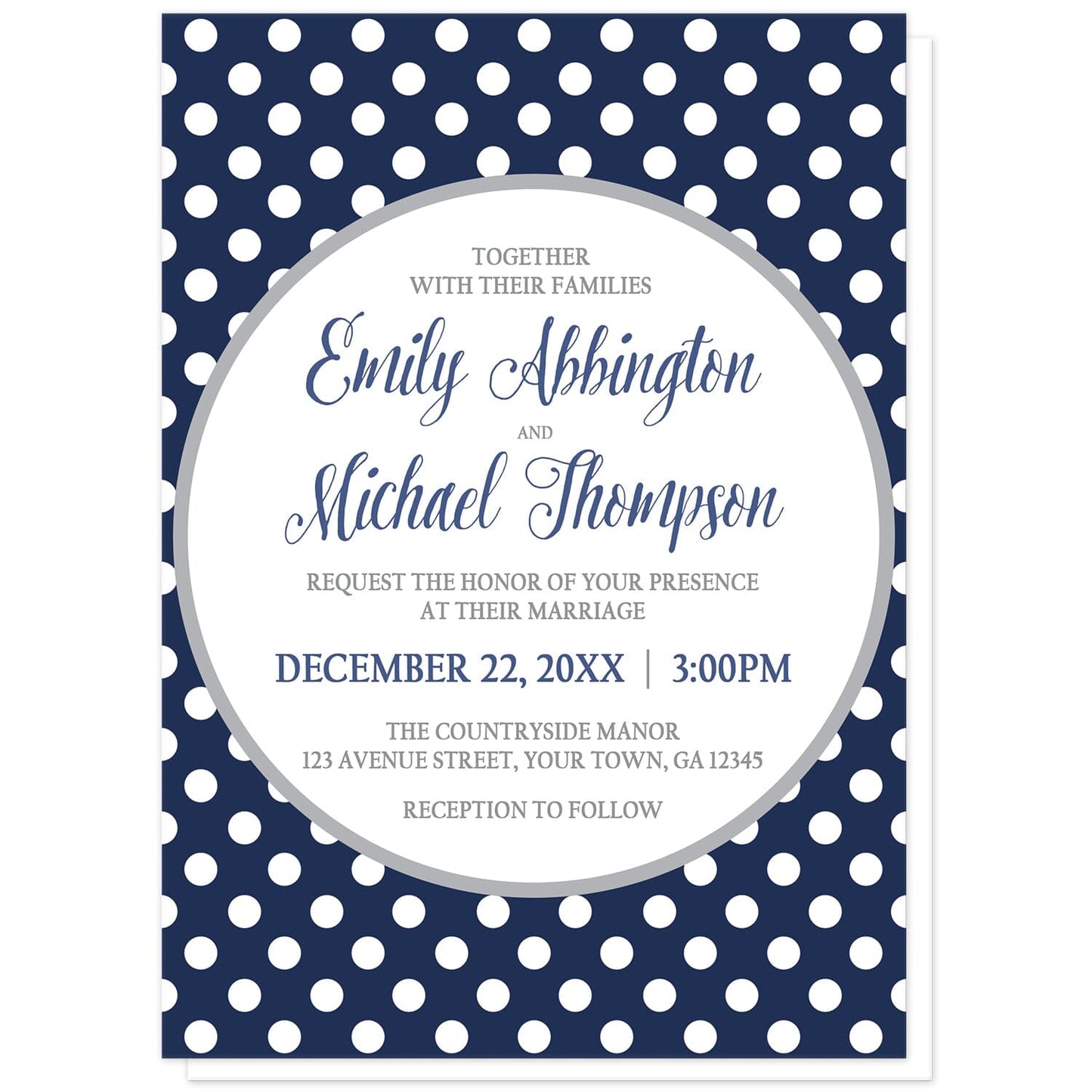 Gray Navy Blue Polka Dot Wedding Invitations at Artistically Invited. Gray navy blue polka dot wedding invitations with your personalized marriage celebration details custom printed in navy blue and gray inside a white circle outlined in light gray, over a navy blue polka dot pattern with white polka dots over blue.