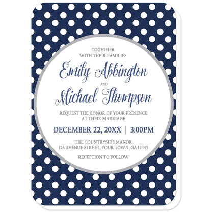 Gray Navy Blue Polka Dot Wedding Invitations (with rounded corners) at Artistically Invited. Gray navy blue polka dot wedding invitations with your personalized marriage celebration details custom printed in navy blue and gray inside a white circle outlined in light gray, over a navy blue polka dot pattern with white polka dots over blue.