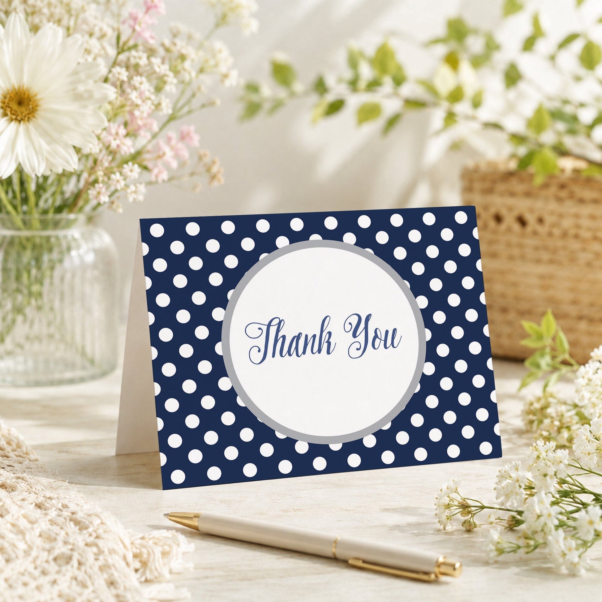 Gray Navy Blue Polka Dot Thank You Card shown on a tabletop with a vase, spring and summer plants, and a pen.