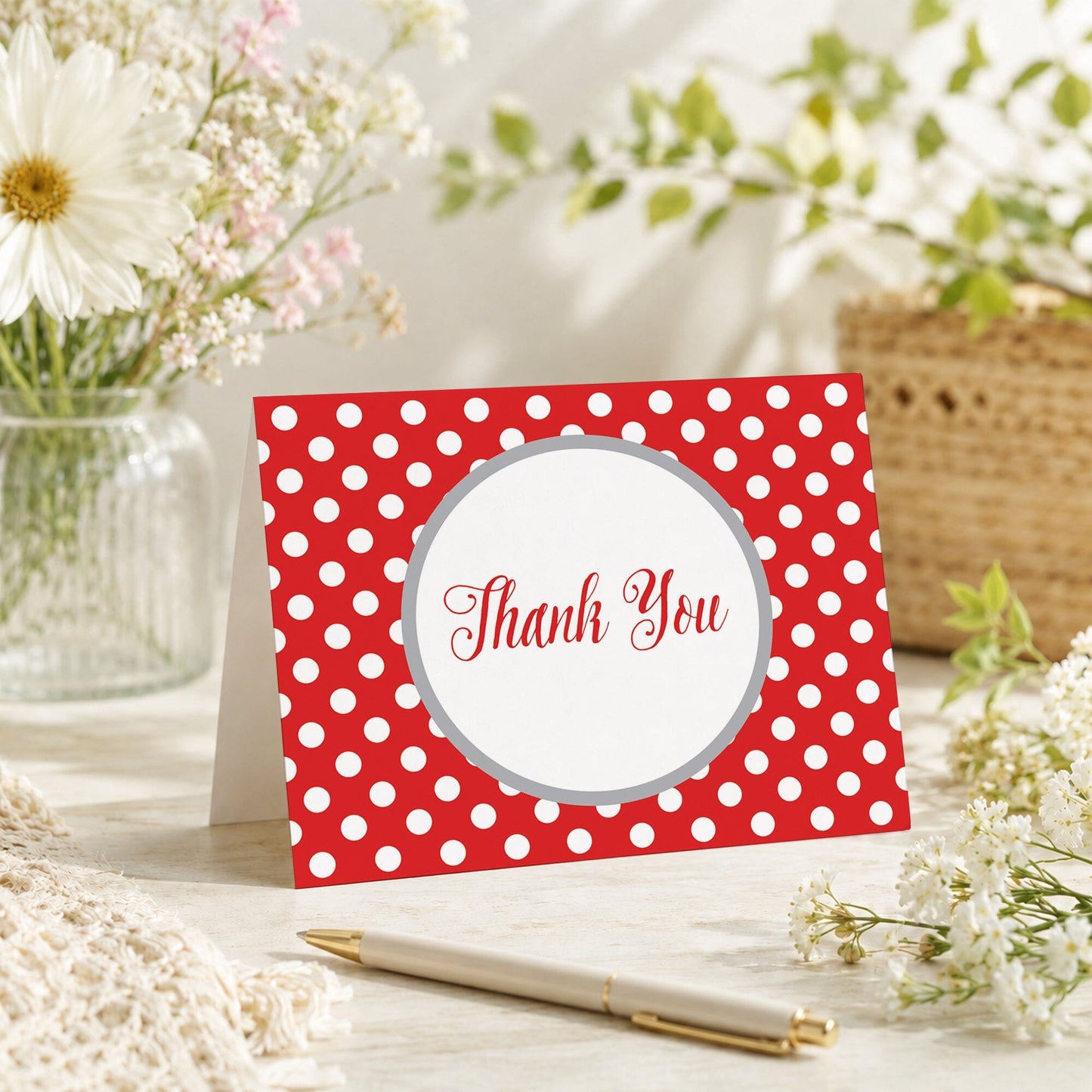 Gray and Red Polka Dot Thank You Card shown on a tabletop with a vase, spring and summer flowers, and a pen.