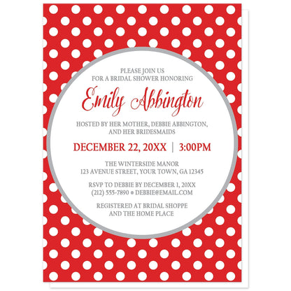 Gray and Red Polka Dot Bridal Shower Invitations at Artistically Invited. Gray and red polka dot bridal shower invitations with your personalized celebration details custom printed in red and gray inside a white circle outlined in light gray, over a red polka dot pattern with white polka dots over red. 