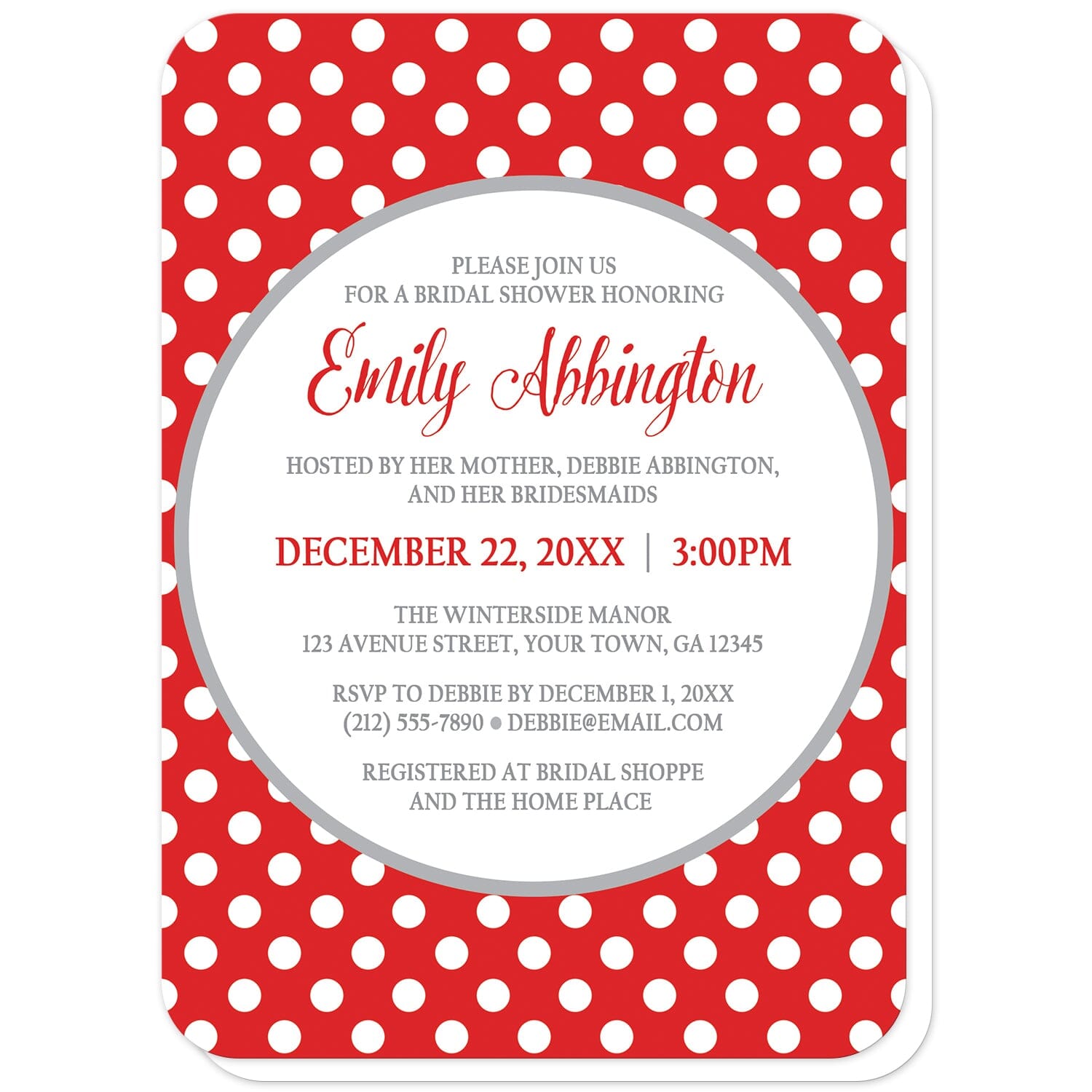 Gray and Red Polka Dot Bridal Shower Invitations (with rounded corners) at Artistically Invited. Gray and red polka dot bridal shower invitations with your personalized celebration details custom printed in red and gray inside a white circle outlined in light gray, over a red polka dot pattern with white polka dots over red. 