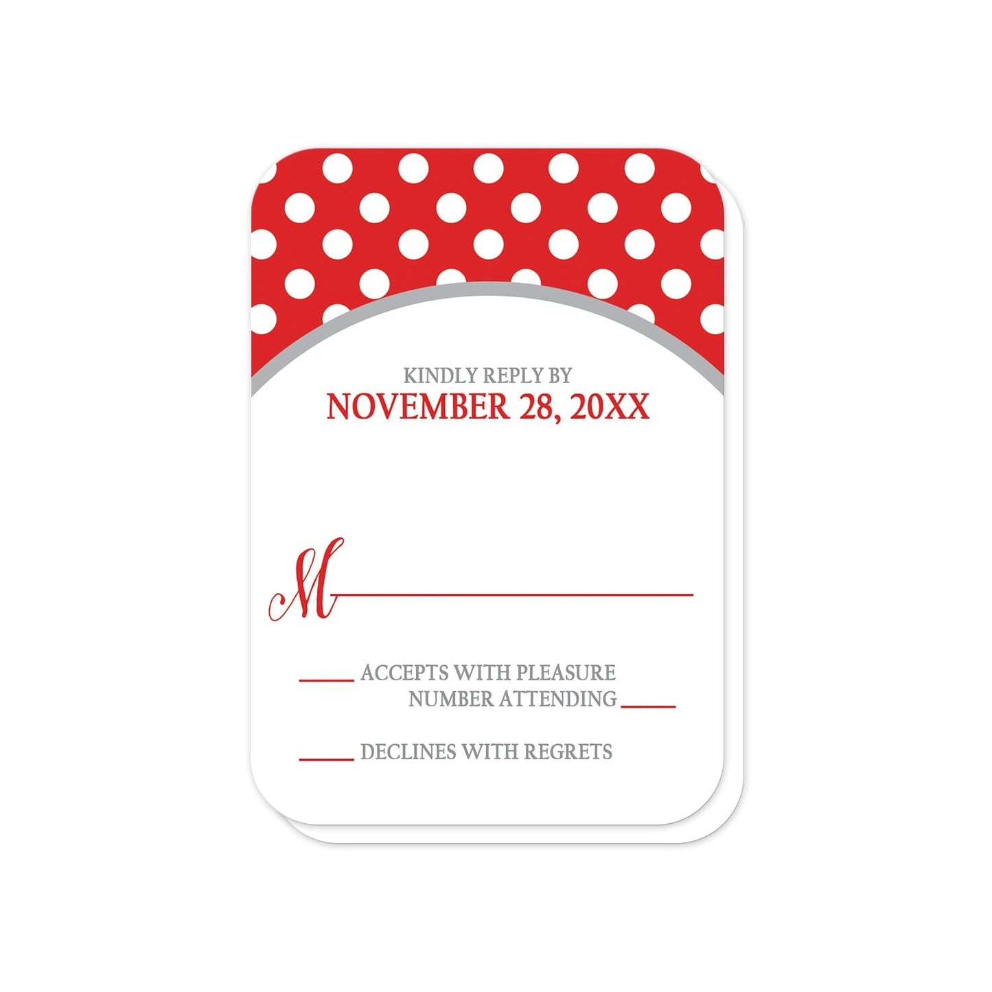 Gray and Red Polka Dot RSVP Cards (with rounded corners) at Artistically Invited.