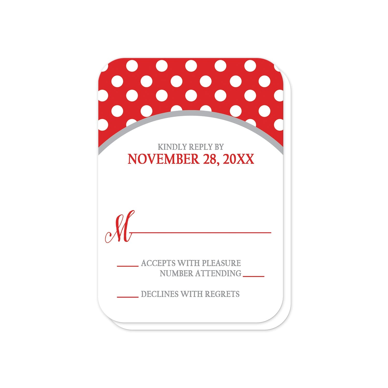 Gray and Red Polka Dot RSVP Cards (with rounded corners) at Artistically Invited.