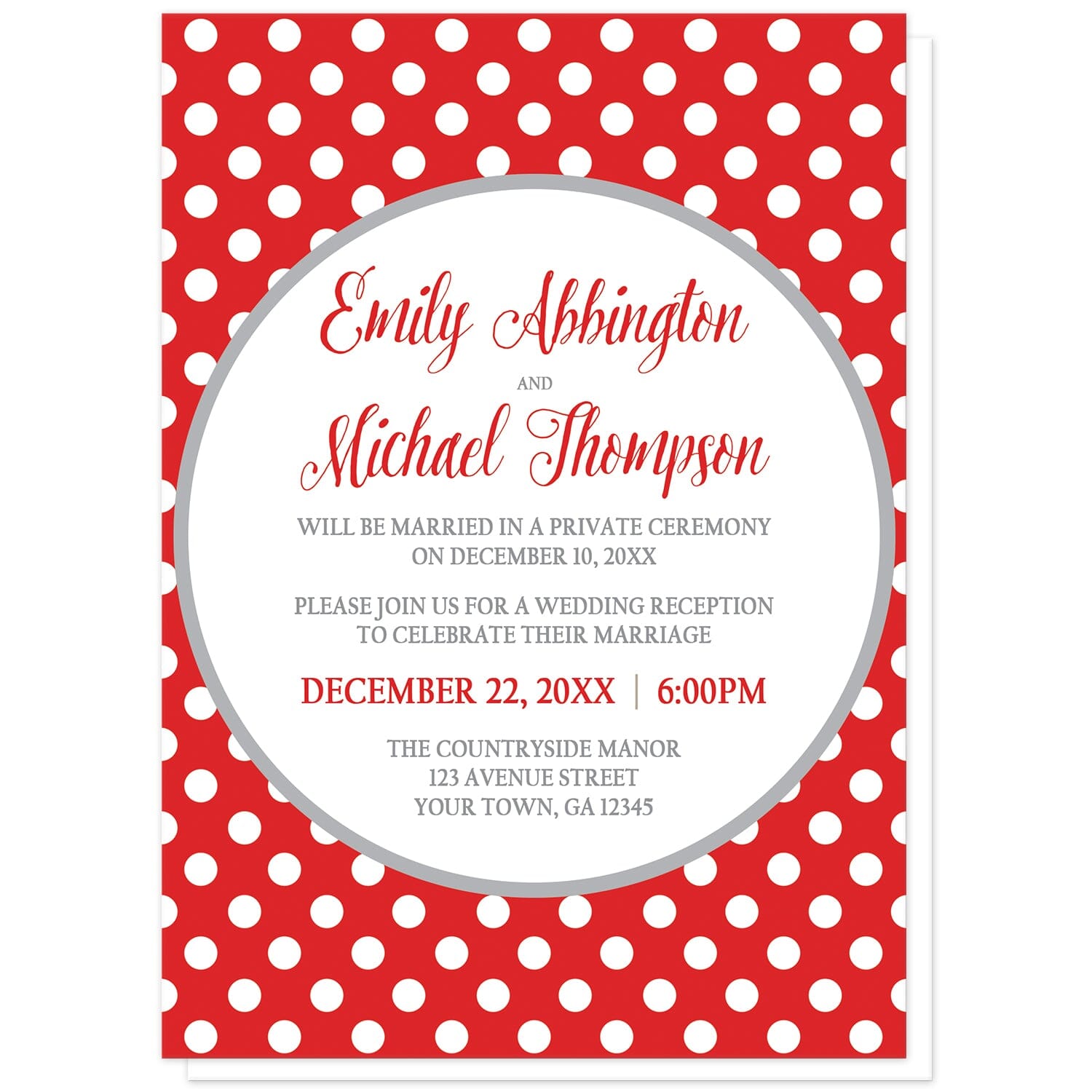 Gray and Red Polka Dot Reception Only Invitations at Artistically Invited. Gray and red polka dot reception only invitations with your personalized post-wedding reception celebration details custom printed in red and gray inside a white circle outlined in light gray, over a red polka dot pattern with white polka dots over red.