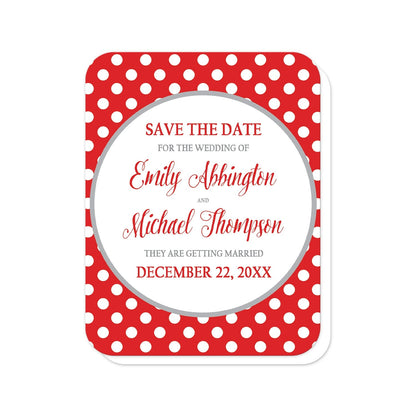 Gray and Red Polka Dot Save the Date Cards (with rounded corners) at Artistically Invited. Gray and red polka dot save the date cards with your personalized wedding date announcement details custom printed in red and gray inside a white circle outlined in light gray, over a red polka dot pattern with white polka dots over red.