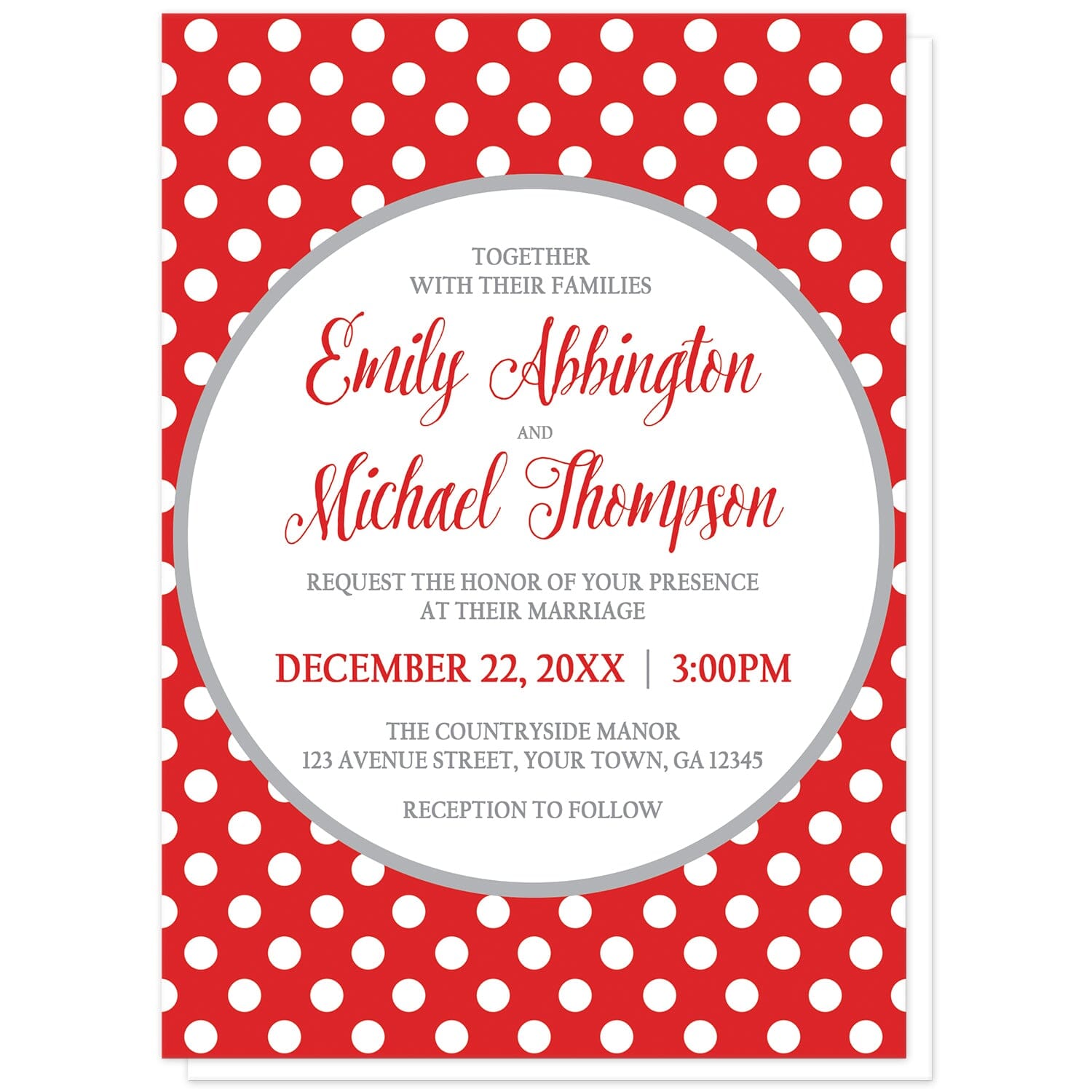 Gray and Red Polka Dot Wedding Invitations at Artistically Invited. Gray and red polka dot wedding invitations with your personalized marriage celebration details custom printed in red and gray inside a white circle outlined in light gray, over a red polka dot pattern with white polka dots over red.