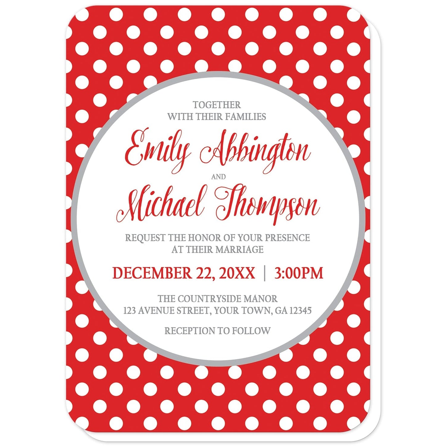 Gray and Red Polka Dot Wedding Invitations (with rounded corners) at Artistically Invited. Gray and red polka dot wedding invitations with your personalized marriage celebration details custom printed in red and gray inside a white circle outlined in light gray, over a red polka dot pattern with white polka dots over red.