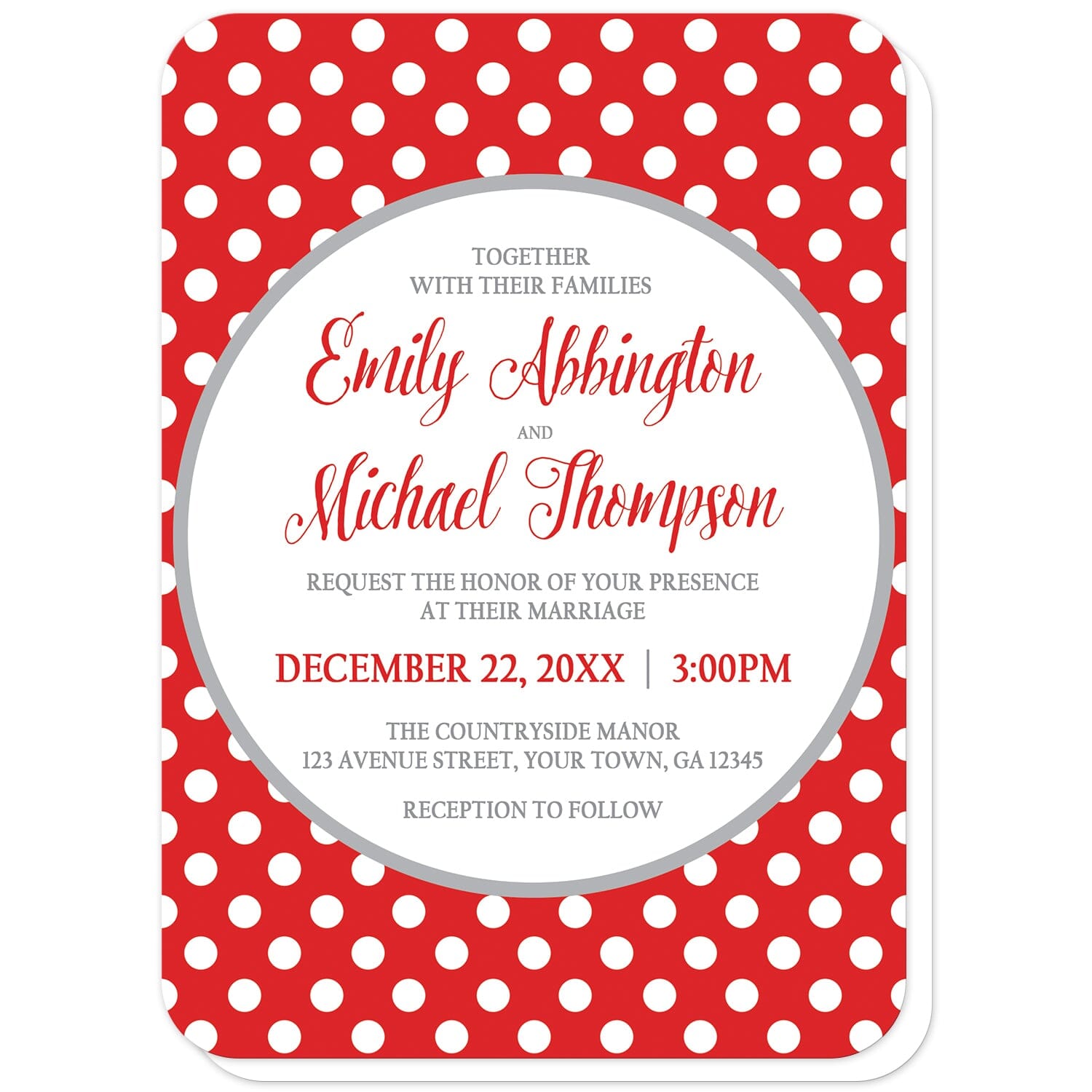 Gray and Red Polka Dot Wedding Invitations (with rounded corners) at Artistically Invited. Gray and red polka dot wedding invitations with your personalized marriage celebration details custom printed in red and gray inside a white circle outlined in light gray, over a red polka dot pattern with white polka dots over red.