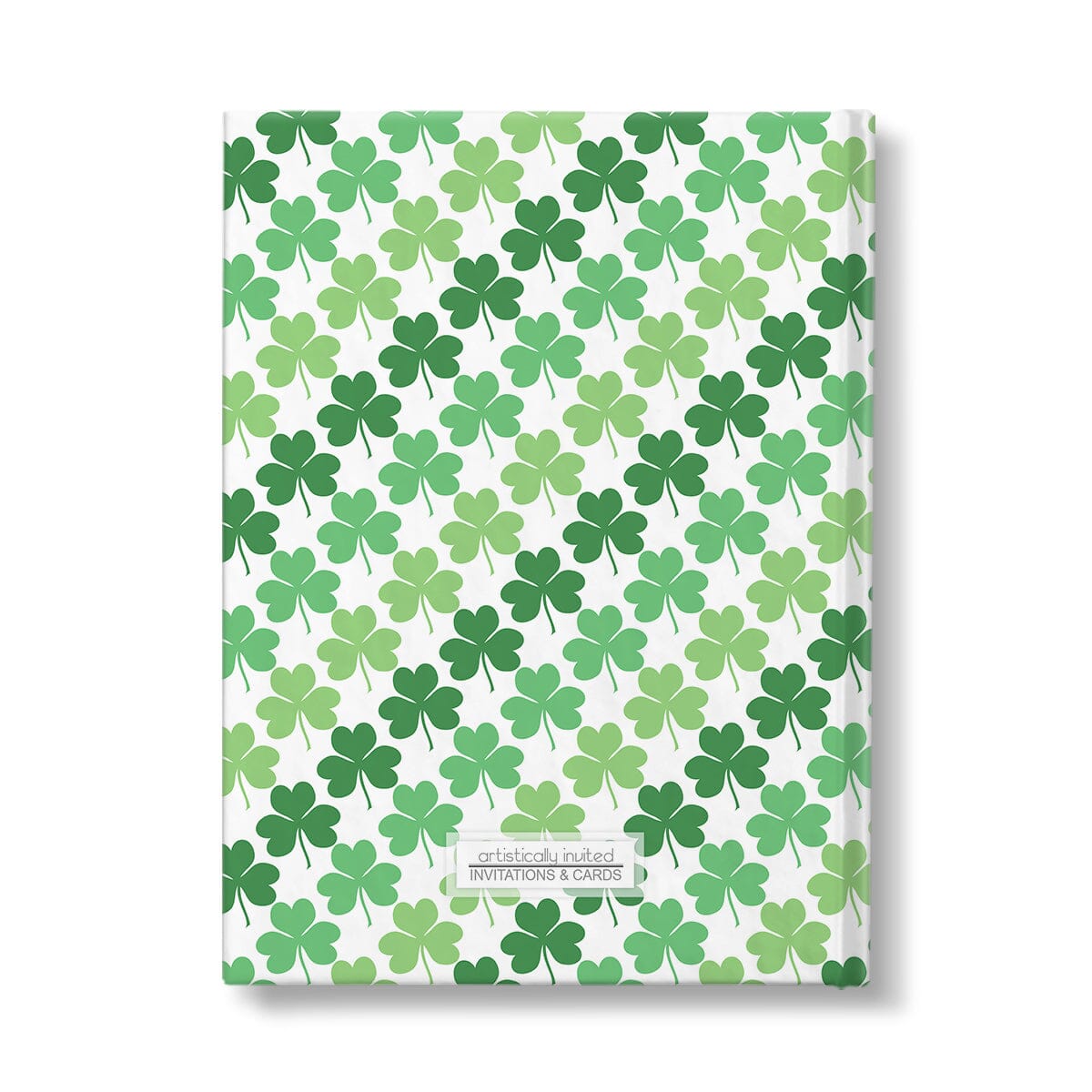 Personalized Green Clovers Pattern Journal at Artistically Invited. Back side of the book.