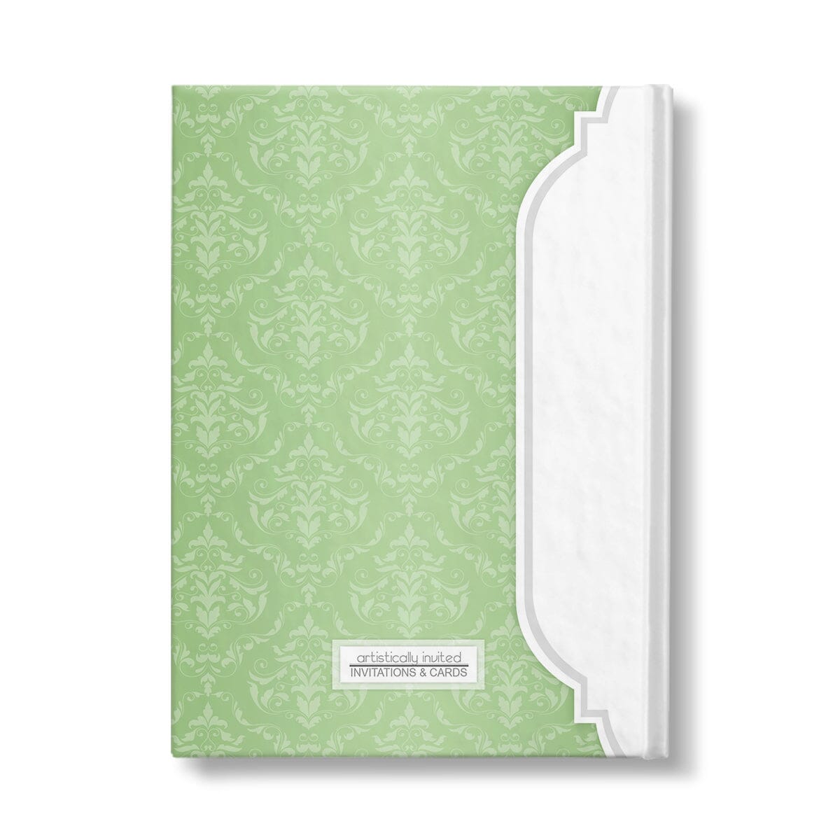 Personalized Green Damask Journal at Artistically Invited. Back side of the book.