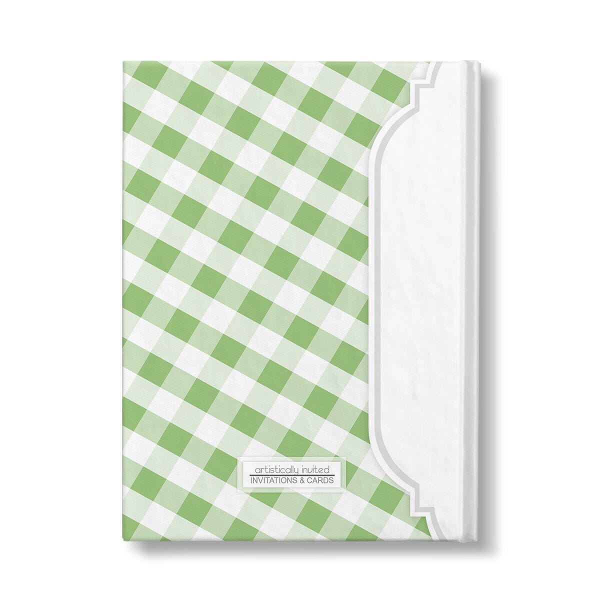 Personalized Green Gingham Journal at Artistically Invited. Back side of the book.