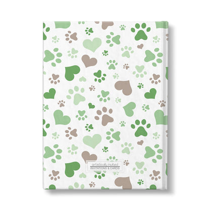 Personalized Green Hearts and Paw Prints Journal at Artistically Invited. Back side of the book.