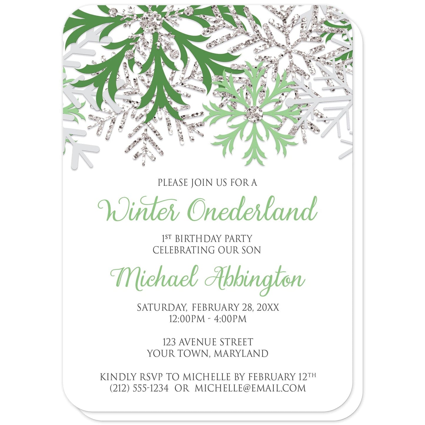 Green Silver Snowflake 1st Birthday Winter Onederland Invitations (with rounded corners) at Artistically Invited. Pretty green silver snowflake 1st birthday Winter Onederland invitations designed with green, light green, silver-colored glitter-illustrated, and light gray snowflakes along the top of the invitations. Your personalized 1st birthday party details are custom printed in green and gray on white below the snowflakes.
