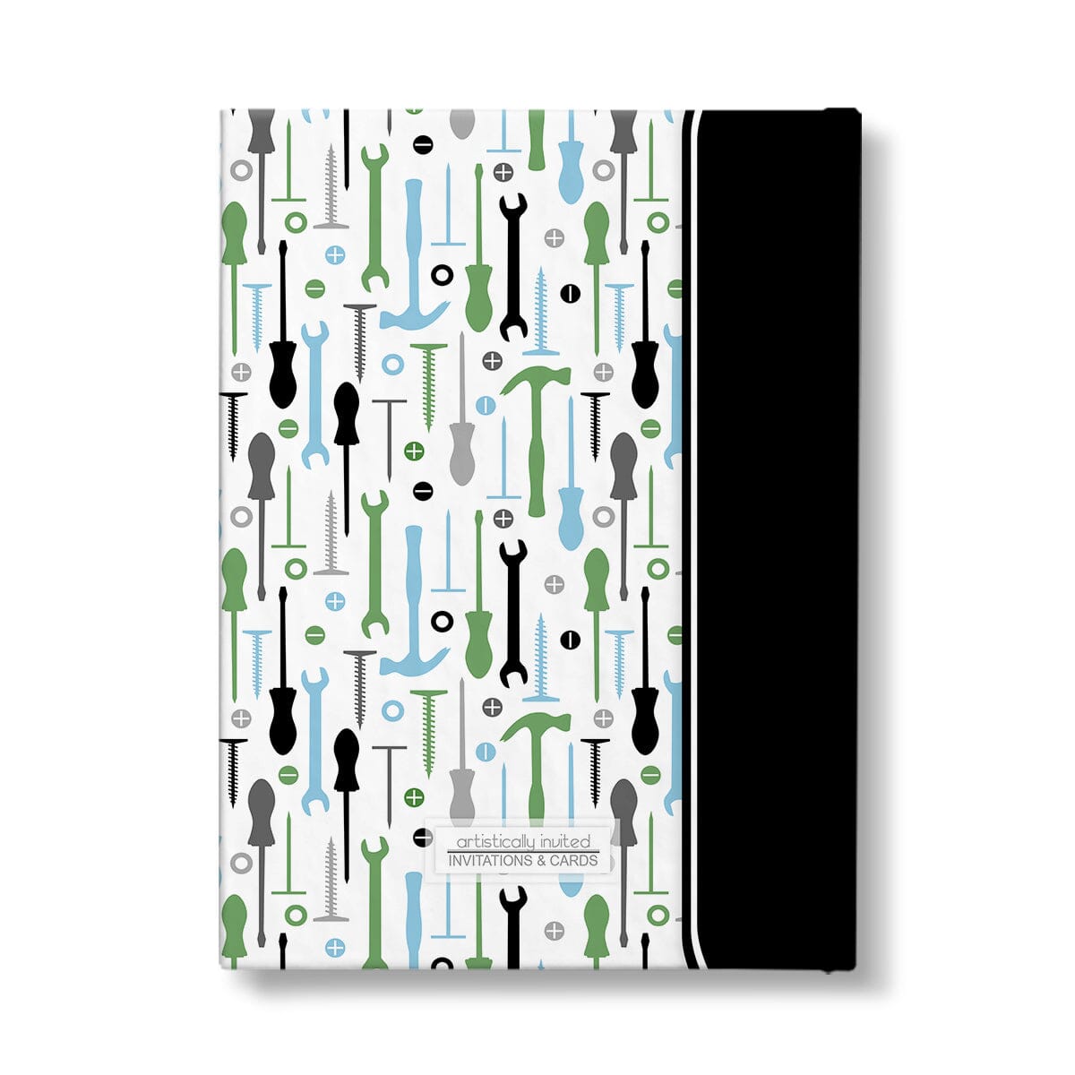 Personalized Green Blue Tools Pattern Journal at Artistically Invited. Back side of the book.