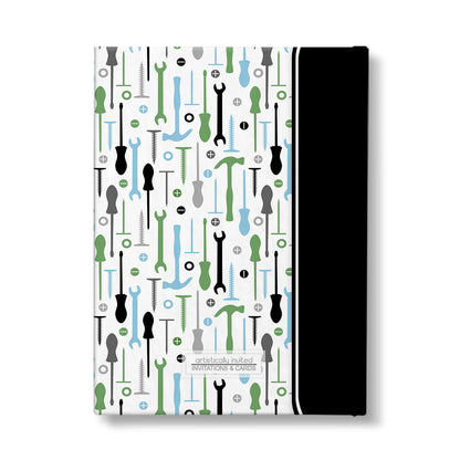 Personalized Green Blue Tools Pattern Journal at Artistically Invited. Back side of the book.