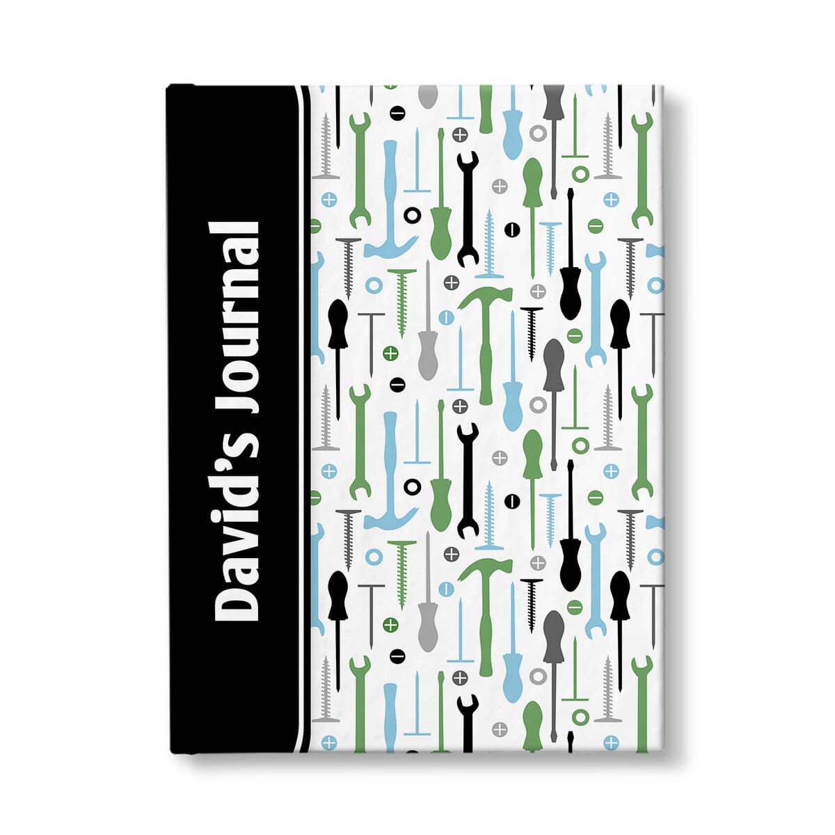Personalized Green Blue Tools Pattern Journal at Artistically Invited. A custom book designed with a black color block wrapping around the spine area over an organized pattern of green, blue, black, and gray tools on the rest of the background. This handyman or contractor-inspired pattern includes hammers, screwdrivers, wrenches, nails, screws, and washers. Your personalized name and text of your choice is custom printed sideways in white over the black color block on the front near the spine.