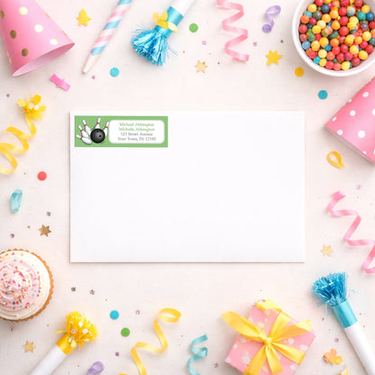Green Bowling Return Address Label shown on a white envelope with party supplies