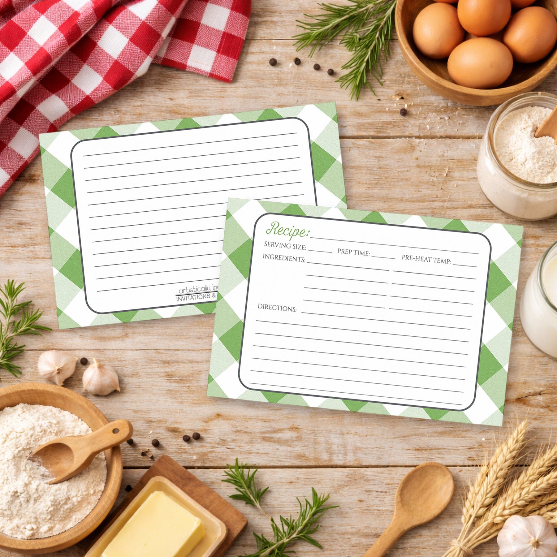 Two Green Gingham Recipe Cards on a wooden surface with country kitchen items and ingredients around