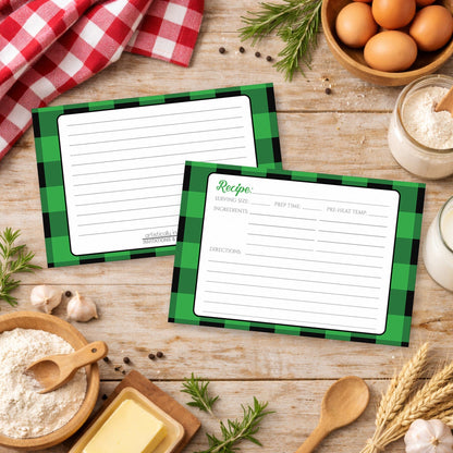Two Green and Black Buffalo Plaid Recipe Cards with green checkered borders on a rustic wooden surface with country cooking ingredients.