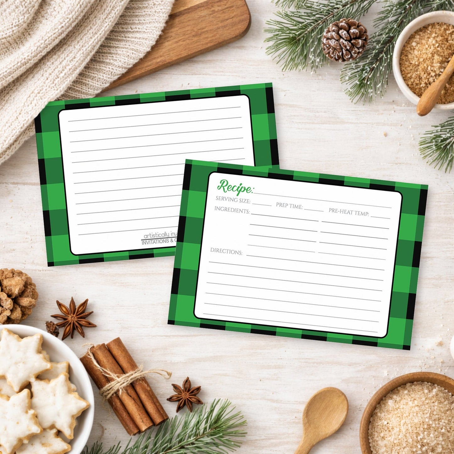 Two Green and Black Buffalo Plaid Recipe Cards on a festive background with holiday cookies, cinnamon, and winter pine cones.