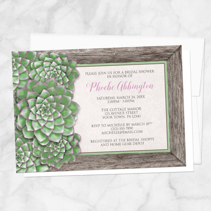 Bridal shower invitation with green succulent design and pink accents, displayed with a white envelope on a marble surface
