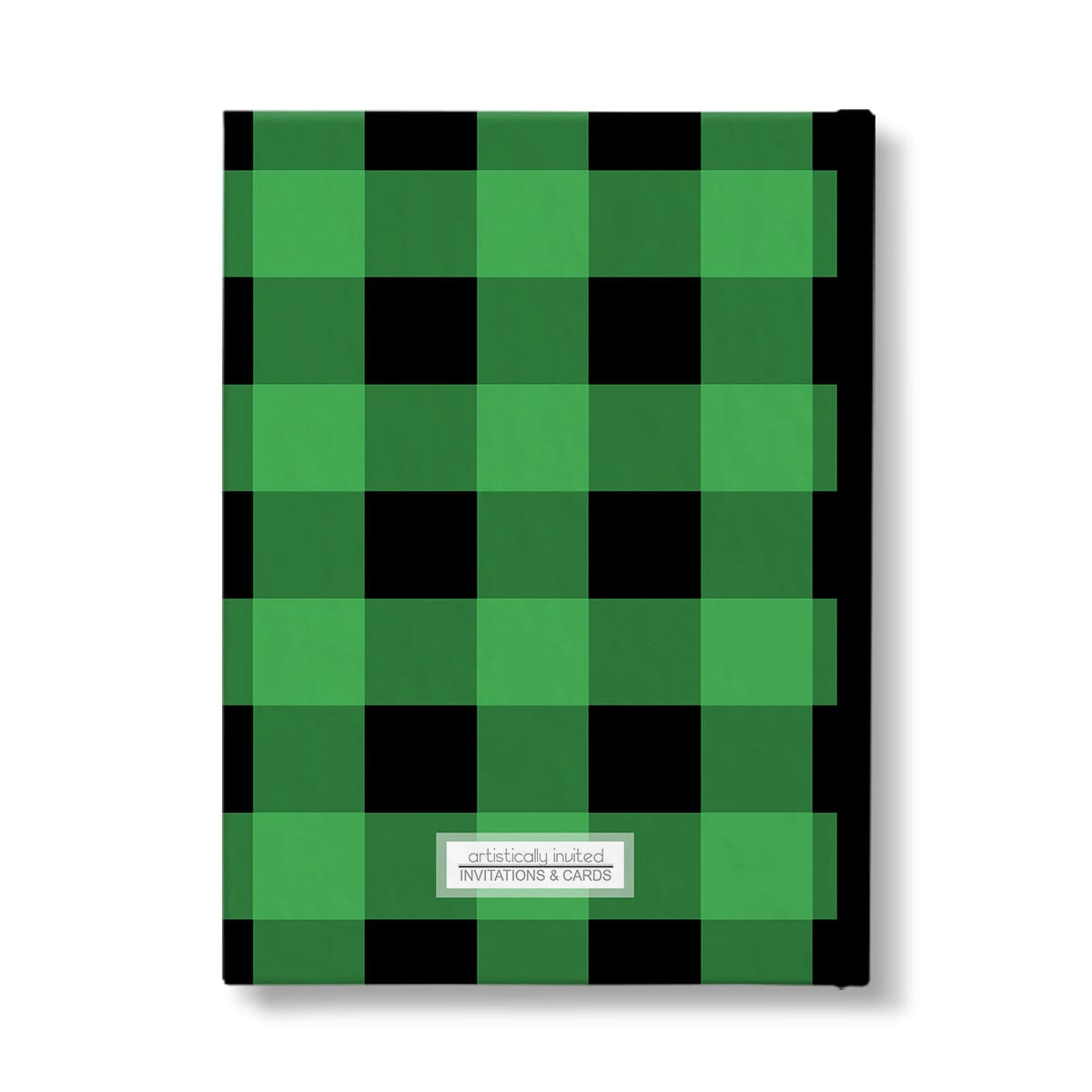 Personalized Green and Black Buffalo Plaid Journal at Artistically Invited. Back side of the book.