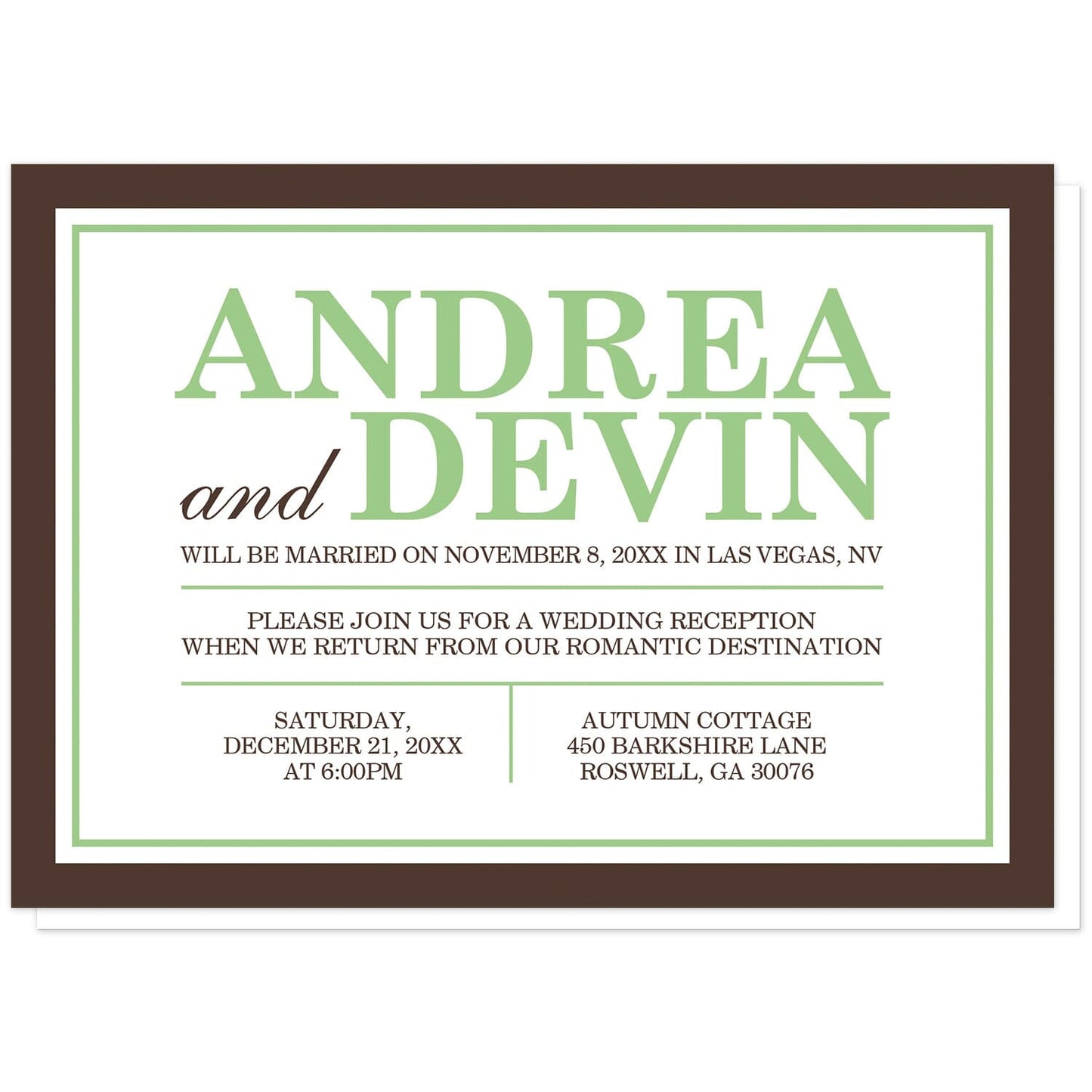 Green and Brown Reception Only Invitations at Artistically Invited. Green and brown reception only invitations with a simple modern minimalist green and brown typography design and border.