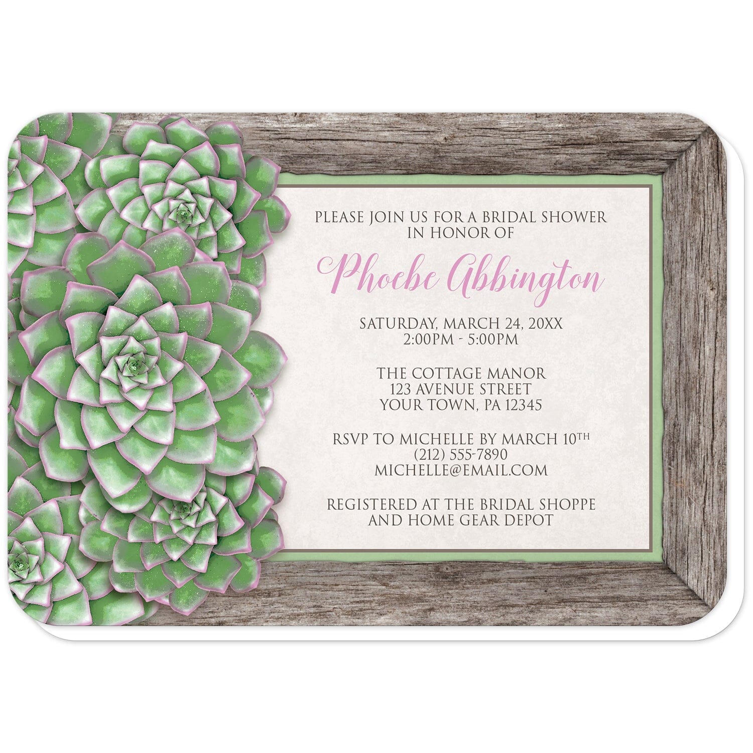 Green and Pink Succulent Wood Bridal Shower Invitations (with rounded corners) at Artistically Invited. Beautiful green and pink succulent wood bridal shower invitations with an arrangement of green succulents with pink tips along the left side of the invitations over a wooden frame border illustration. Your personalized bridal shower celebration details are custom printed in pink and brown over beige to the right of the succulents.