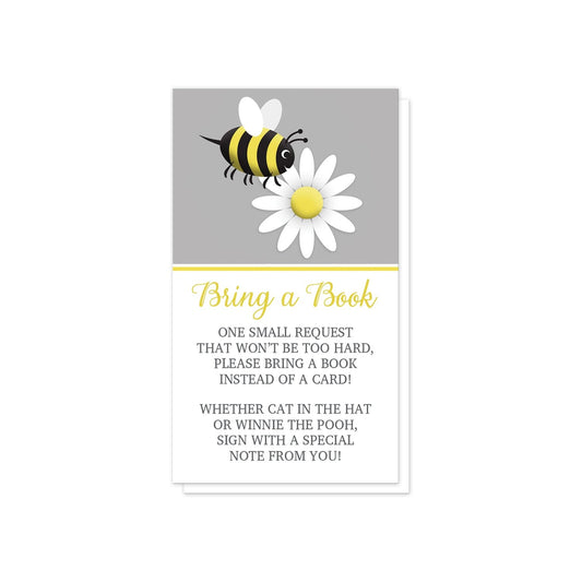 Happy Bee and Daisy Bring a Book Cards at Artistically Invited. Cute happy bee and daisy bring a book cards illustrated with an adorable yellow and black bee and a white daisy flower over a gray colored background at the top. Your book request details are printed in yellow and gray over white below the cute bee.