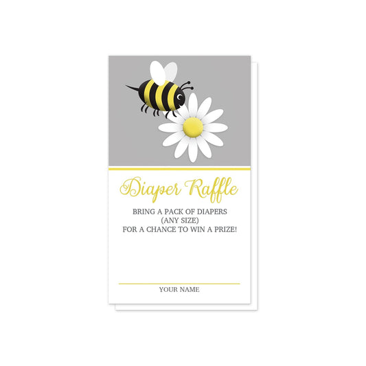 Happy Bee and Daisy Diaper Raffle Cards at Artistically Invited. Cute happy bee and daisy diaper raffle cards illustrated with an adorable yellow and black bee and a white daisy flower over a gray colored background at the top. Your diaper raffle details are printed in yellow and gray over white below the cute bee.