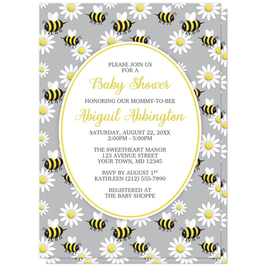 Happy Bee and Daisy Pattern Baby Shower Invitations at Artistically Invited. Happy bee and daisy pattern baby shower invitations with a background featuring a pattern of a yellow and black happy bees and white daisy flowers over gray. Your personalized baby shower celebration details are custom printed in yellow and dark gray in a white oval outlined in yellow in the center.
