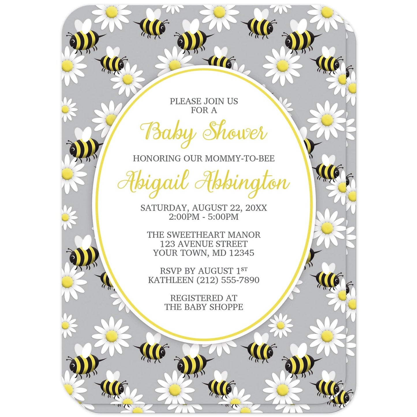 Happy Bee and Daisy Pattern Baby Shower Invitations (with rounded corners) at Artistically Invited. Happy bee and daisy pattern baby shower invitations with a background featuring a pattern of a yellow and black happy bees and white daisy flowers over gray. Your personalized baby shower celebration details are custom printed in yellow and dark gray in a white oval outlined in yellow in the center.