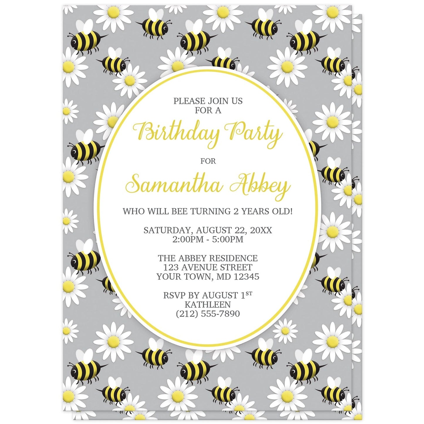 Happy Bee and Daisy Pattern Birthday Party Invitations at Artistically Invited. Happy bee and daisy pattern birthday party invitations with a background featuring a pattern of a yellow and black happy bees and white daisy flowers over gray. Your personalized birthday party details are custom printed in yellow and dark gray in a white oval outlined in yellow in the center.