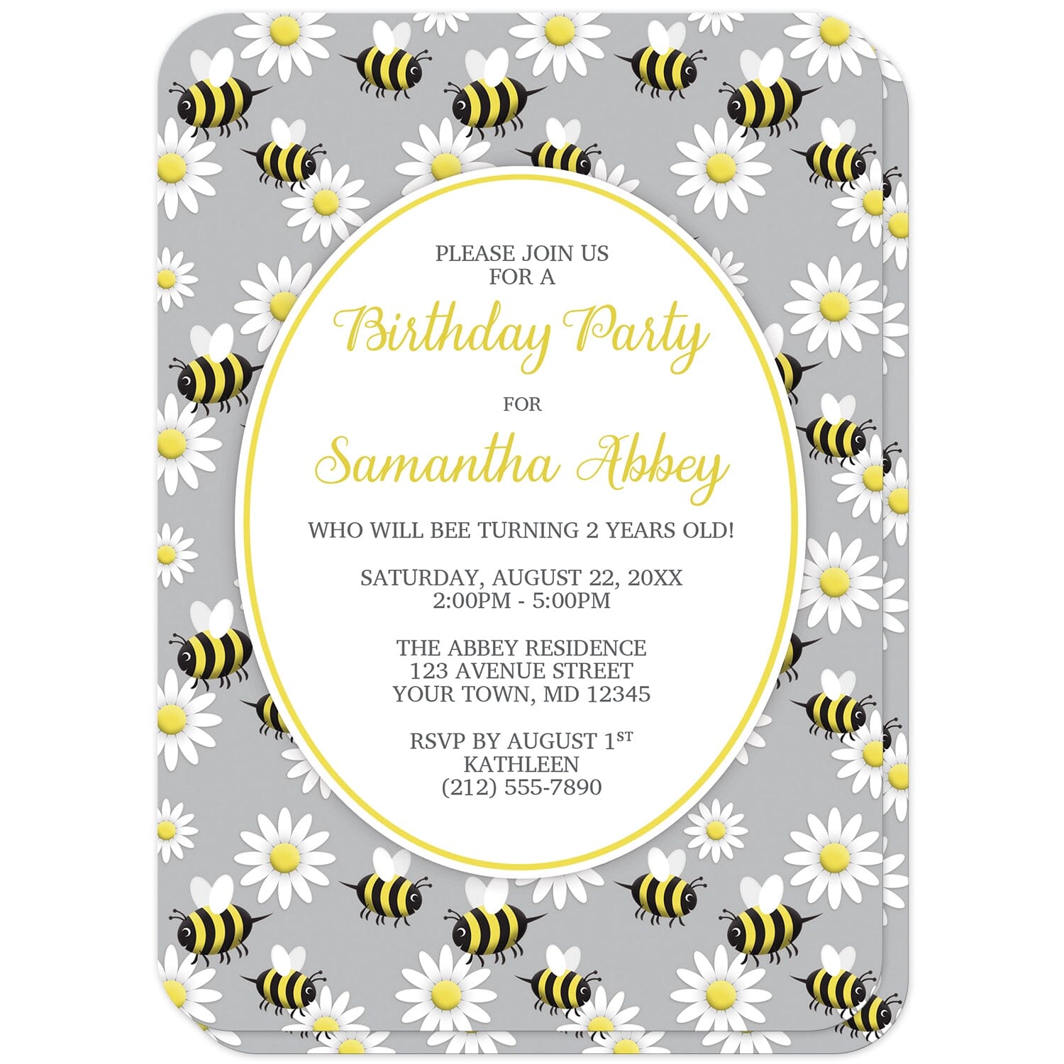 Happy Bee and Daisy Pattern Birthday Party Invitations (with rounded corners) at Artistically Invited. Happy bee and daisy pattern birthday party invitations with a background featuring a pattern of a yellow and black happy bees and white daisy flowers over gray. Your personalized birthday party details are custom printed in yellow and dark gray in a white oval outlined in yellow in the center.