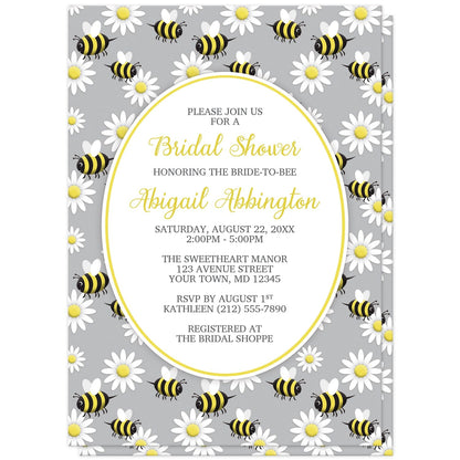 Happy Bee and Daisy Pattern Bridal Shower Invitations at Artistically Invited. Happy bee and daisy pattern bridal shower invitations with a background featuring a pattern of a yellow and black happy bees and white daisy flowers over gray. Your personalized bridal shower celebration details are custom printed in yellow and dark gray in a white oval outlined in yellow in the center.