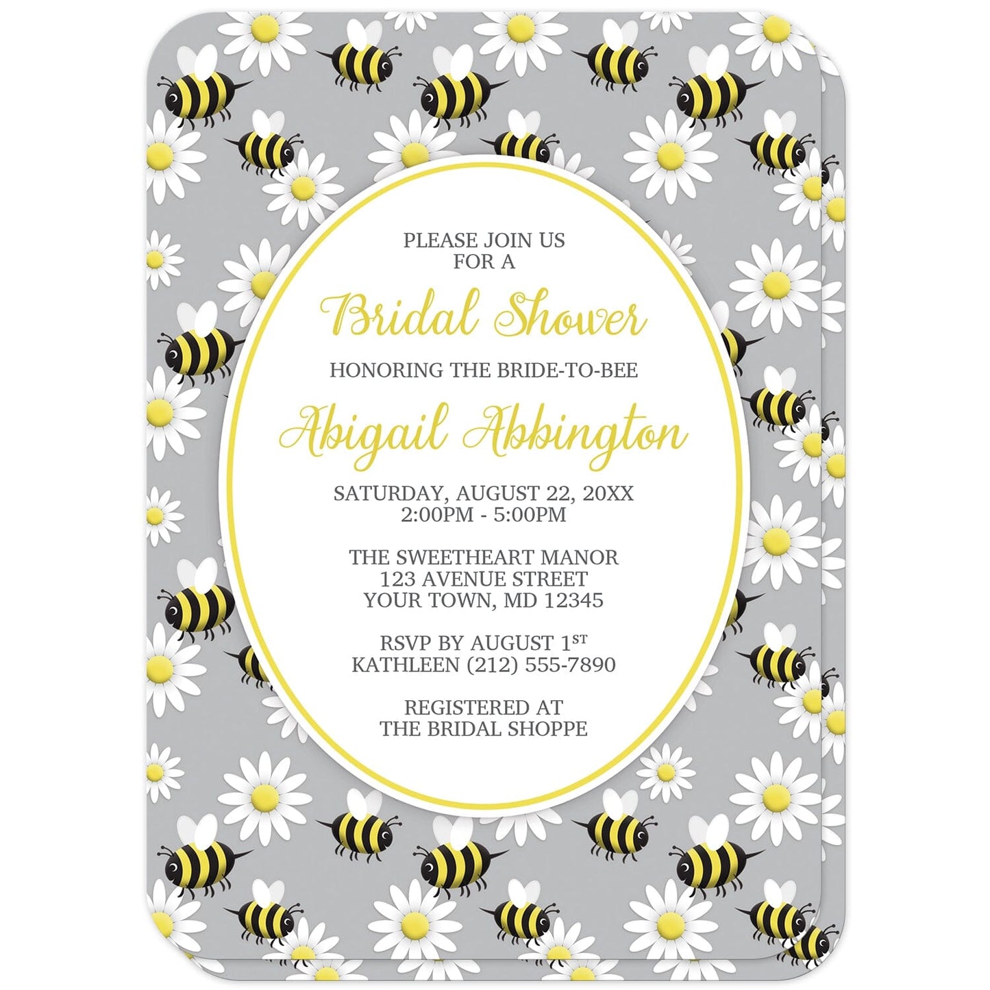 Happy Bee and Daisy Pattern Bridal Shower Invitations (with rounded corners) at Artistically Invited. Happy bee and daisy pattern bridal shower invitations with a background featuring a pattern of a yellow and black happy bees and white daisy flowers over gray. Your personalized bridal shower celebration details are custom printed in yellow and dark gray in a white oval outlined in yellow in the center.