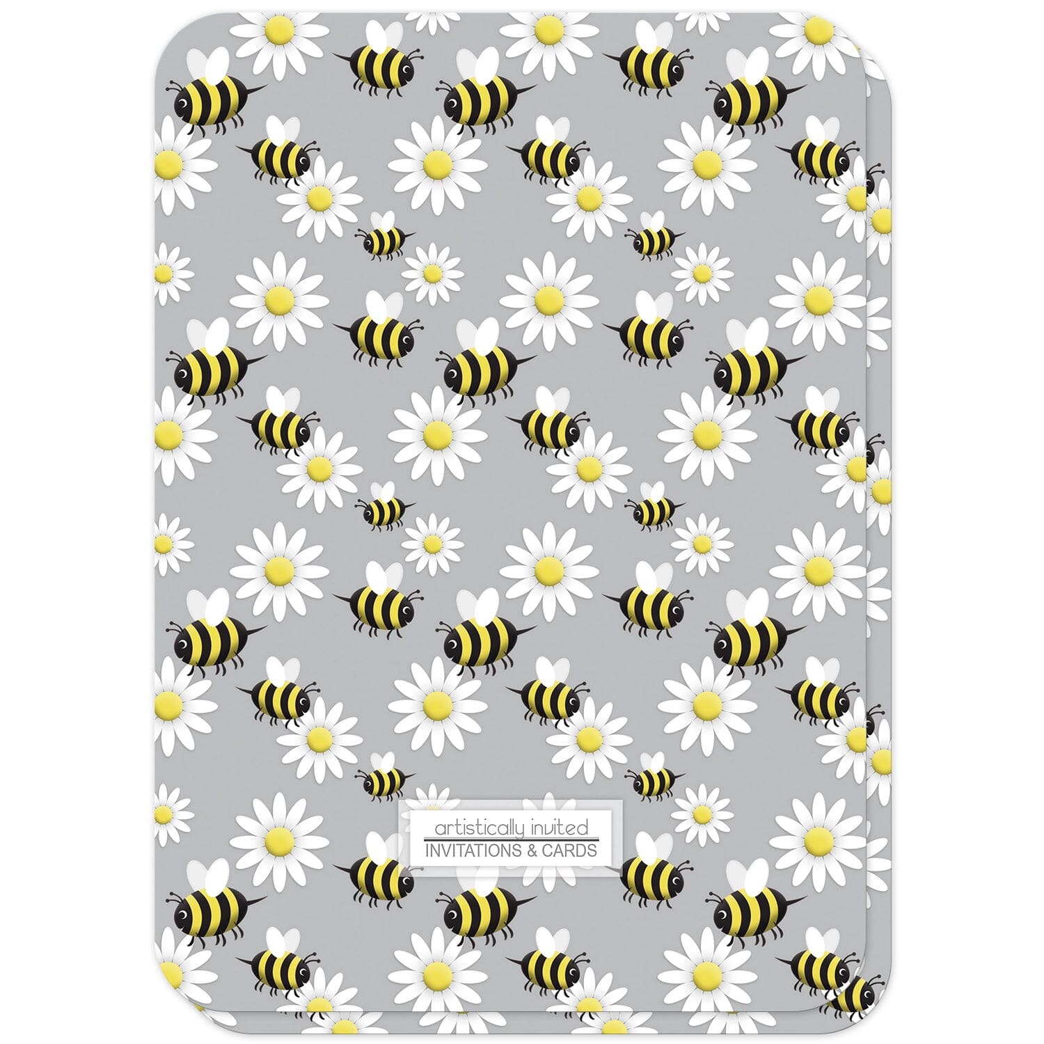 Happy Bee and Daisy Pattern Bridal Shower Invitations (back side with rounded corners) at Artistically Invited.