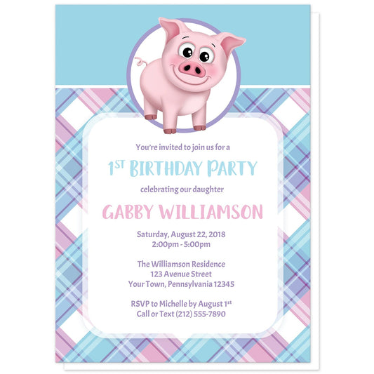 Happy Pig Pink Blue and Purple Plaid Birthday Party Invitations at Artistically Invited. Happy pig pink blue and purple plaid birthday party invitations that are illustrated with a cute and happy pink pig in a white and purple circle over a blue background along the top, and a pink, blue, and purple plaid pattern background on the bottom. Your personalized birthday party details are custom printed in pink, blue and purple over a white rectangular area over the plaid pattern.