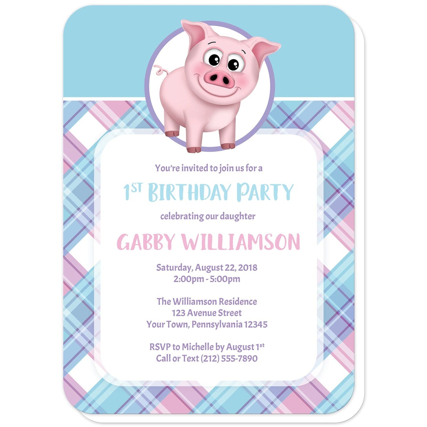 Happy Pig Pink Blue and Purple Plaid Birthday Party Invitations (with rounded corners) at Artistically Invited. Happy pig pink blue and purple plaid birthday party invitations that are illustrated with a cute and happy pink pig in a white and purple circle over a blue background along the top, and a pink, blue, and purple plaid pattern background on the bottom. Your personalized birthday party details are custom printed in pink, blue and purple over a white rectangular area over the plaid pattern.