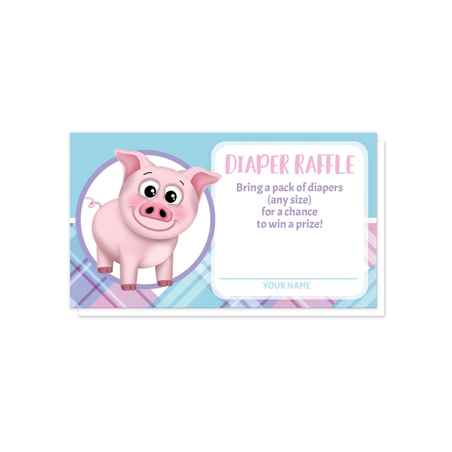 Happy Pig Pink Blue and Purple Plaid Diaper Raffle Cards at Artistically Invited. Adorable happy pig pink blue and purple plaid diaper raffle cards illustrated with a cute and happy pink pig in a white and purple circle on the left side over a blue background along the top, and a pink, blue, and purple plaid pattern background along the bottom. Your diaper raffle details are printed in pink and purple in a white rectangular area over the background design on the right side.