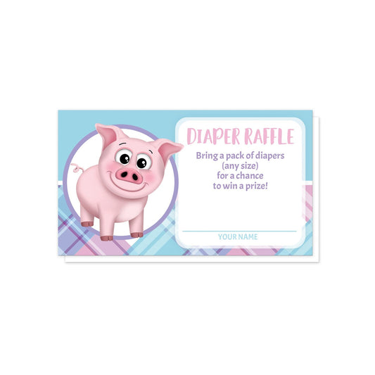 Happy Pig Pink Blue and Purple Plaid Diaper Raffle Cards at Artistically Invited. Adorable happy pig pink blue and purple plaid diaper raffle cards illustrated with a cute and happy pink pig in a white and purple circle on the left side over a blue background along the top, and a pink, blue, and purple plaid pattern background along the bottom. Your diaper raffle details are printed in pink and purple in a white rectangular area over the background design on the right side.