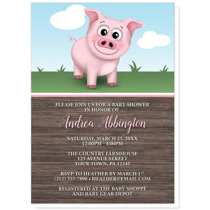 Happy Pink Pig on the Farm Baby Shower Invitations at Artistically Invited. Happy pink pig on the farm baby shower invitations illustrated with a cute and happy pink pig on the farm theme. This smiling pig is standing outside on the grass with a blue sky behind it. The personalized information you provide for your baby shower is custom printed in pink and white over a rustic brown wood pattern background.