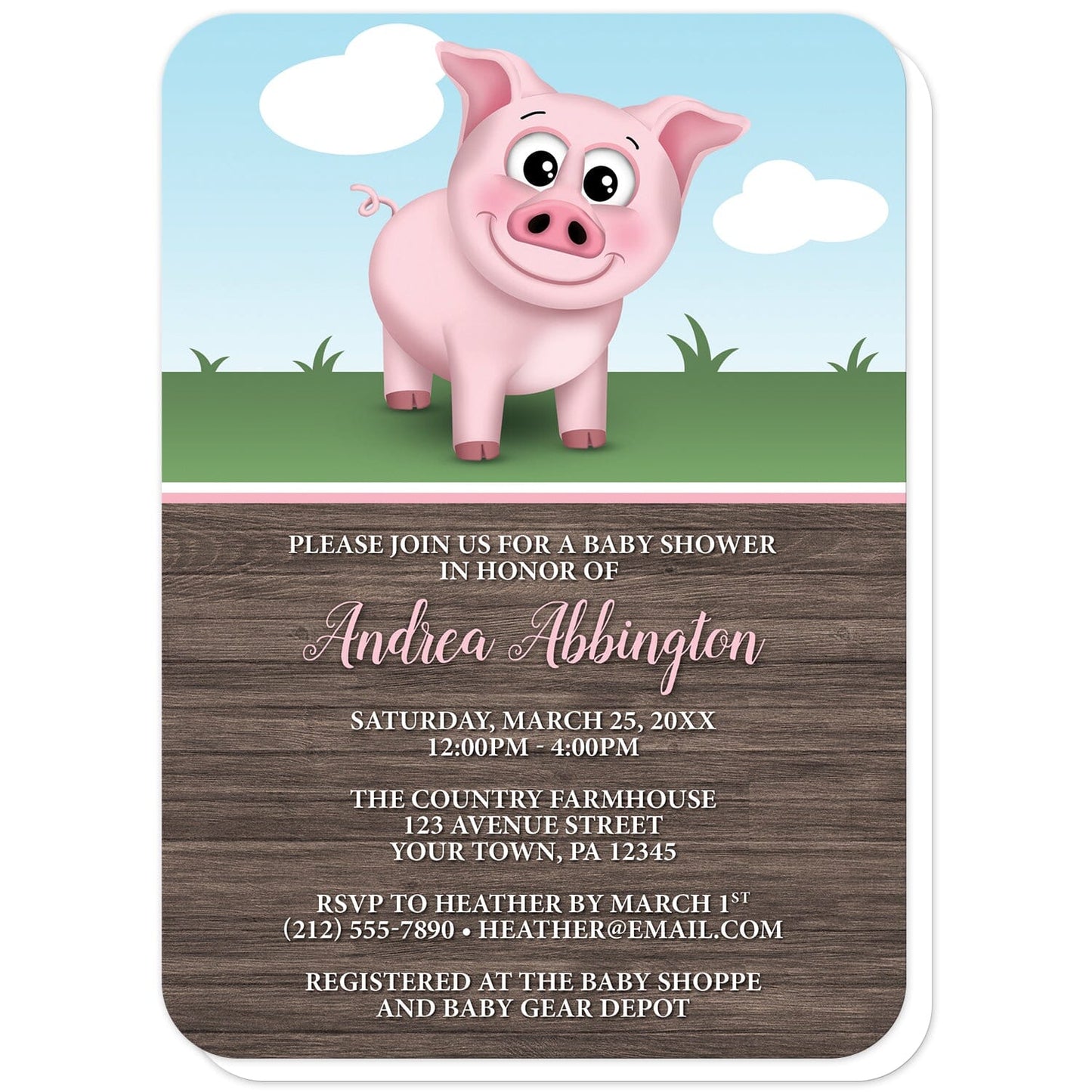 Happy Pink Pig on the Farm Baby Shower Invitations (with rounded corners) at Artistically Invited. Happy pink pig on the farm baby shower invitations illustrated with a cute and happy pink pig on the farm theme. This smiling pig is standing outside on the grass with a blue sky behind it. The personalized information you provide for your baby shower is custom printed in pink and white over a rustic brown wood pattern background.